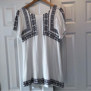 White Bohemian Dress with Navy Embroidery Detail Tassel tie back EUC